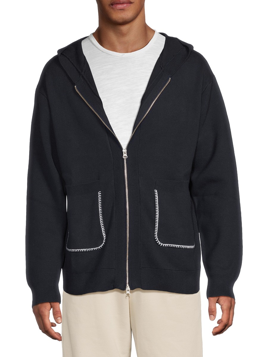 Men's Blanket Stitch Zip Cotton Hoodie - Dark Navy - Size
