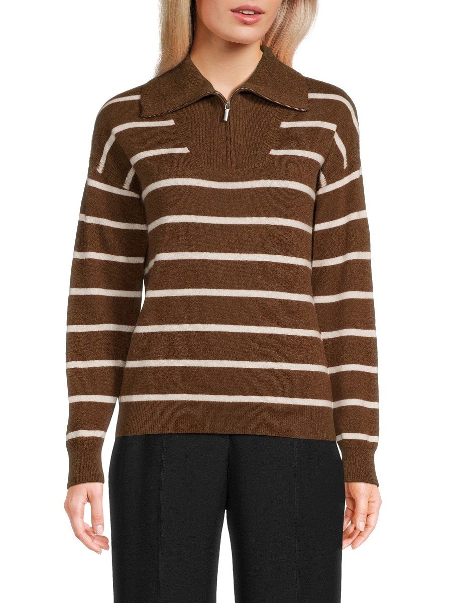 Women's Striped Cashmere Sweater - Mocha Ivory - Size