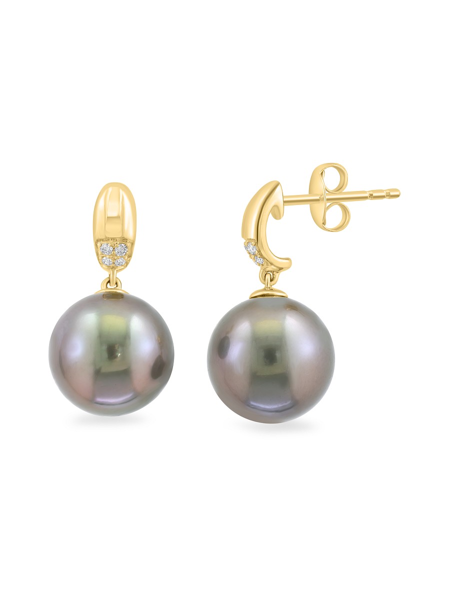 Women's 14K Yellow Gold, 11MM Tahitian Pearl & 0.05 TCW Diamond Drop Earrings -