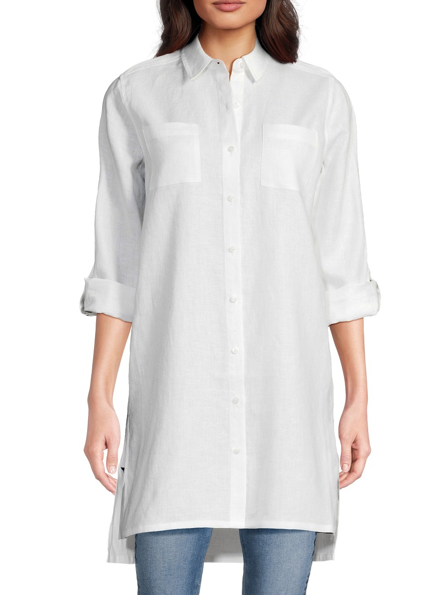 Women's 100% Linen Longline Shirt - White - Size