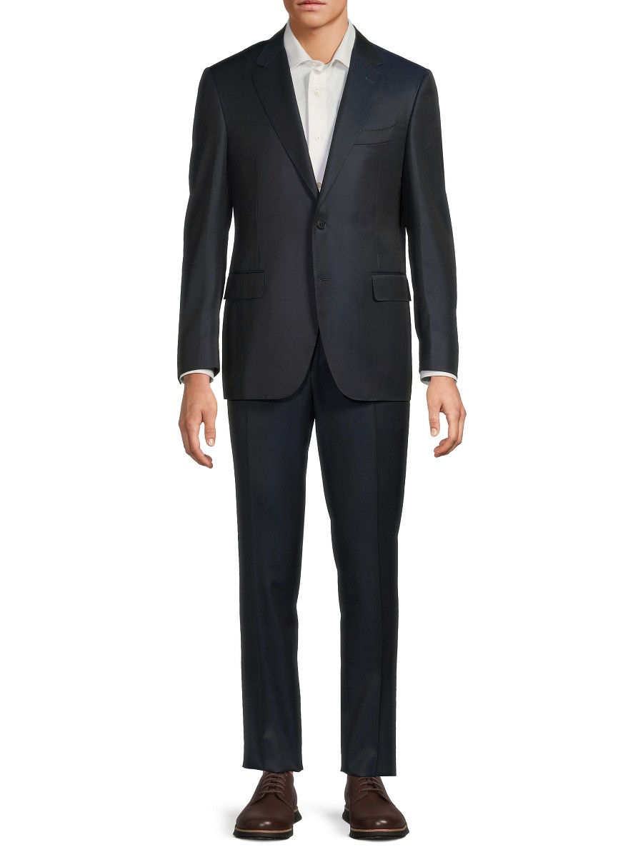 Men's Solid Wool Two-Button Modern-Fit Suit - Navy - Size