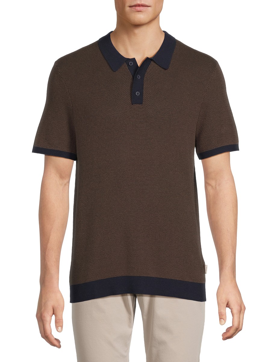 Men's Textured Knit Cotton Polo Shirt - Chestnut Dark Blue - Size