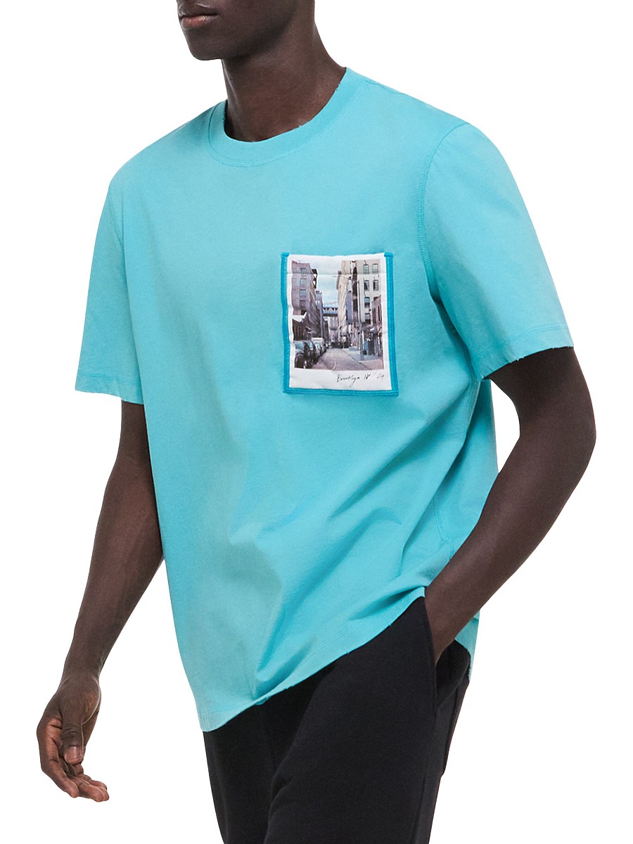 Men's Postcard Pocket Cotton Crewneck T-Shirt - Teal - Size