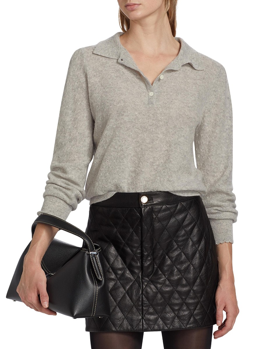 Women's Scallop Polo Sweater - Light Heather Grey - Size