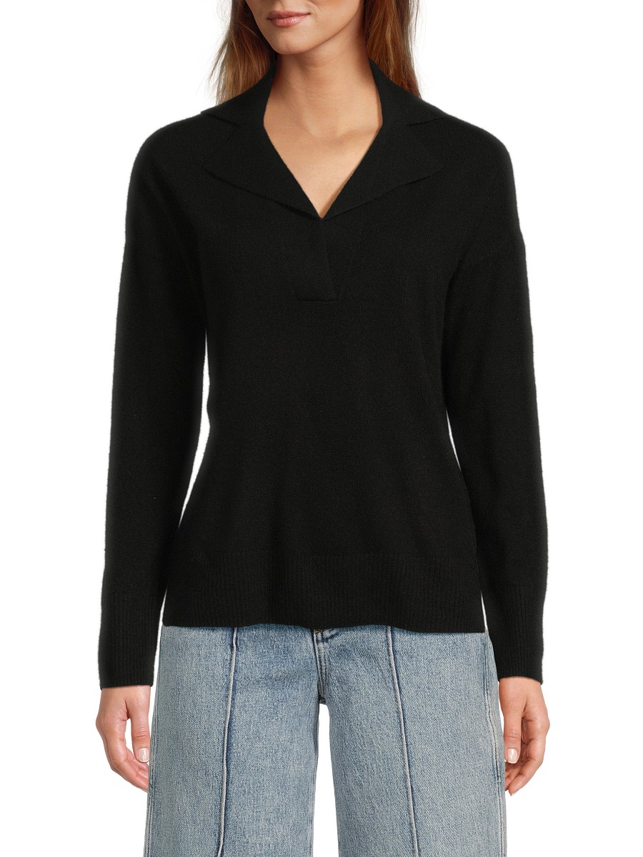 Women's Notched Johnny Collar Cashmere Sweater Polo - Black - Size by Design 365