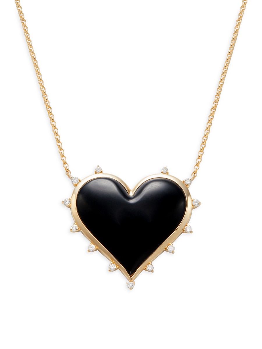 Women's 14K Yellow Gold 0.11 TCW Diamond & Onyx Heart Pendant Necklace