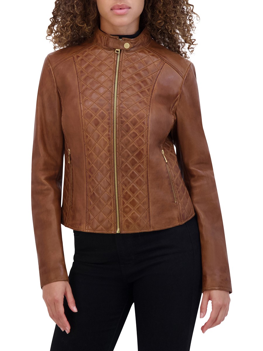 Women's Marlette Quilted Lamb Leather Moto Jacket - Cognac - Size