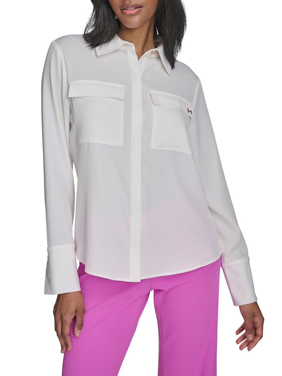 Women's Logo Appliqué Curved Hem Shirt - Cream - Size
