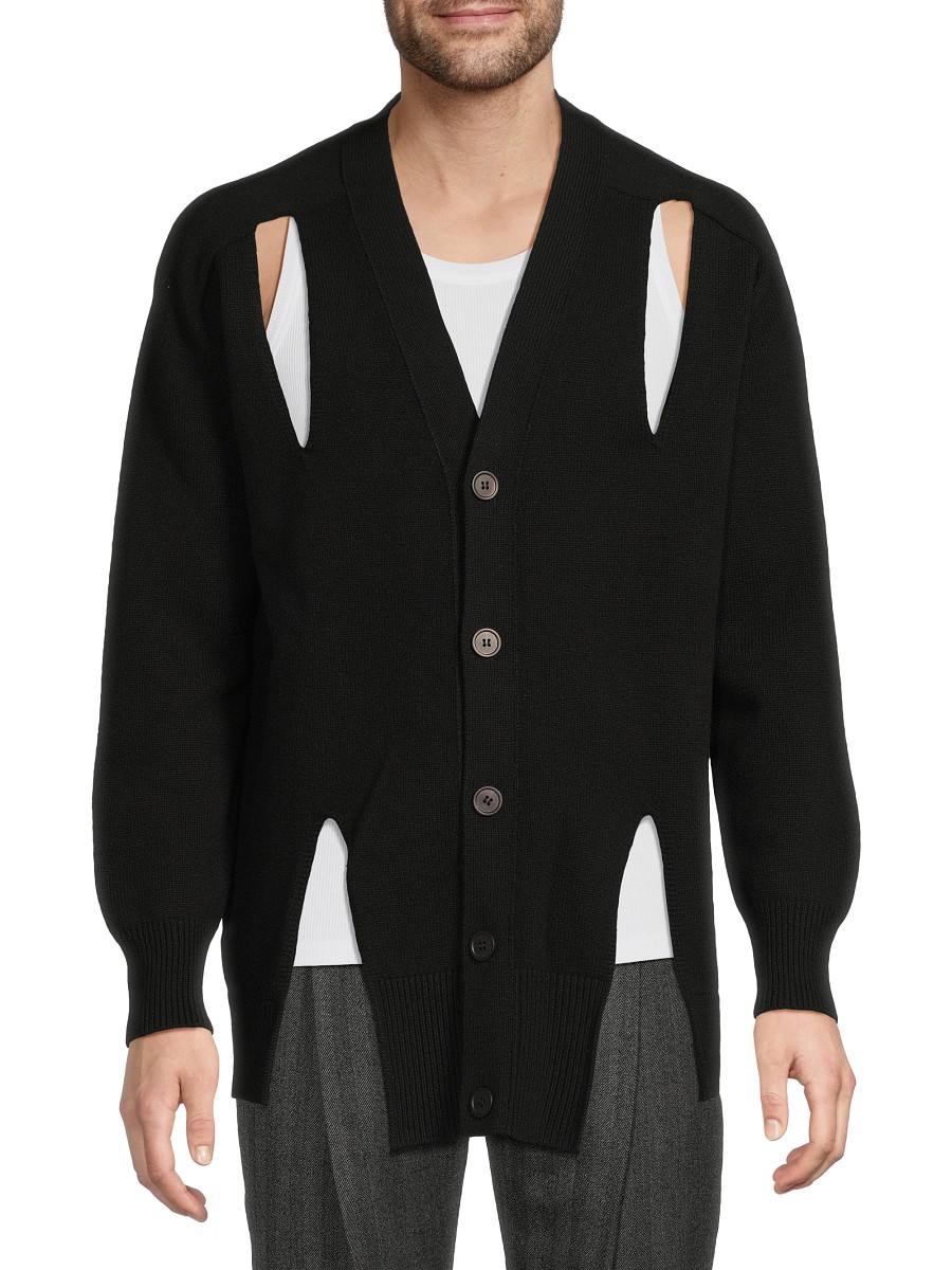 Men's Cutout Wool Cardigan - Black - Size