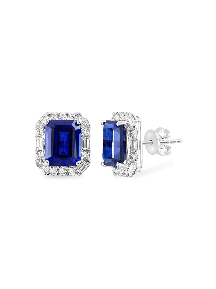 Women's 14K White Gold, Lab Grown Sapphire & 0.89 TCW Lab Grown Diamond Stud Earrings