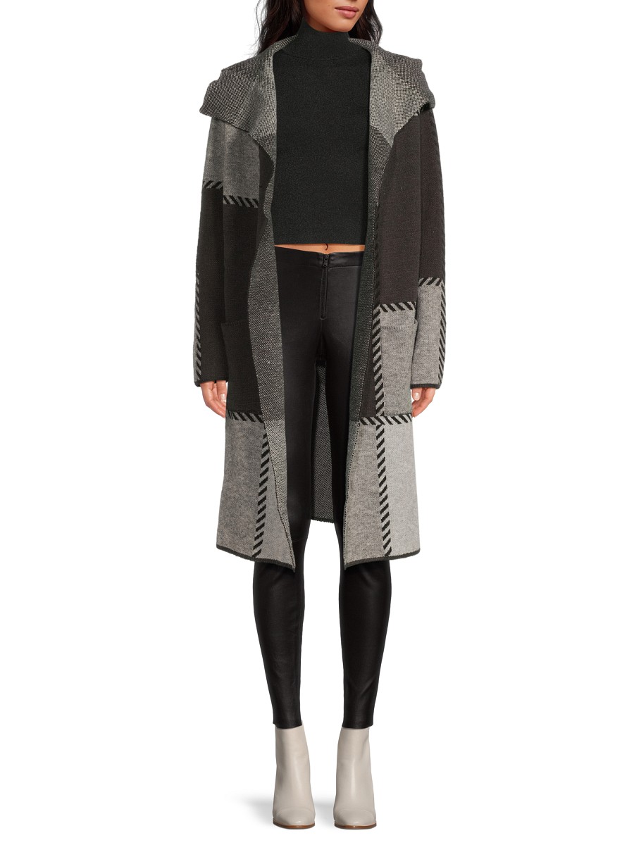Women's Patchwork Hooded Longline Cardigan - Grey Multi - Size