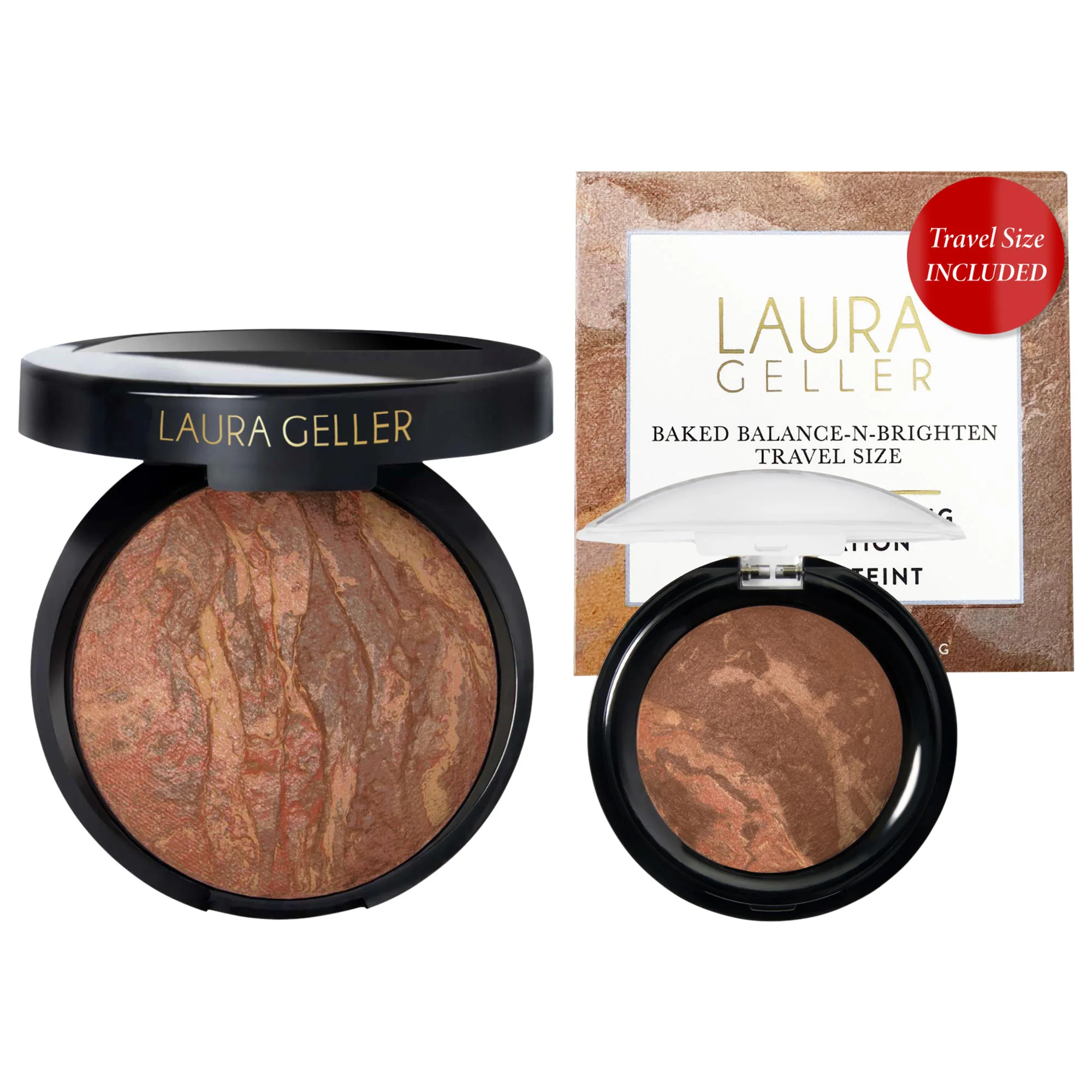 Balance and Brighten Color Correcting Baked Powder Foundation, Full Size + Travel Mini Set Porcelain 0.32 oz (full) 0.05 oz (mini)/9 G (full) 1.5 G (mini) by Laura Geller