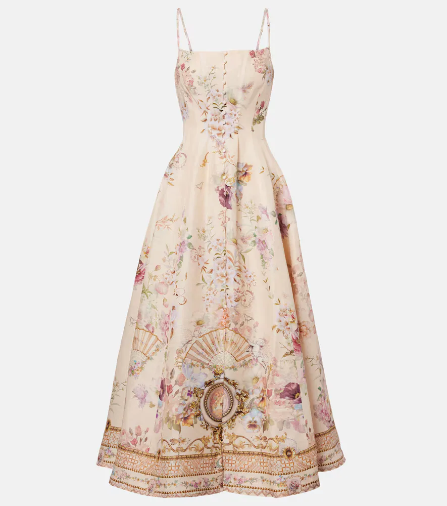 Robe Midi En Lin Et Soie Imprimée