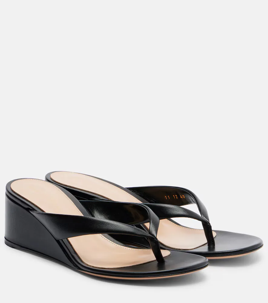 Sandales Compensées En Cuir à Entre-Doigts
