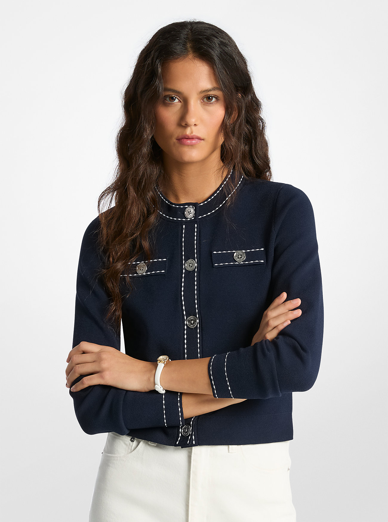 MK Contrast-Trim Stretch Knit Cardigan -