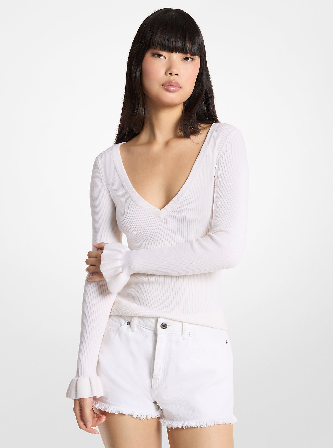 MK Ribbed Wool Blend V-Neck Jumper -
