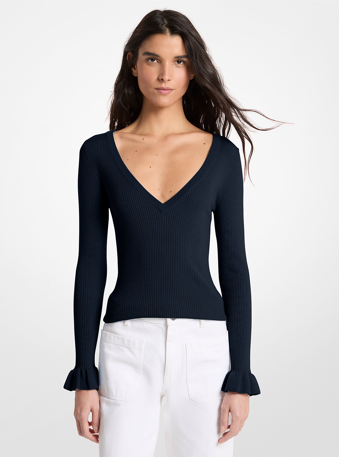 MK Ribbed Wool Blend V-Neck Jumper -