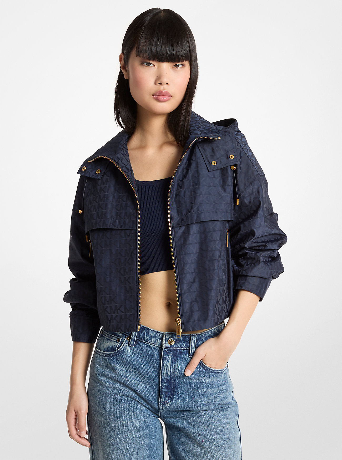 MK Logo Jacquard Hooded Cropped Jacket -
