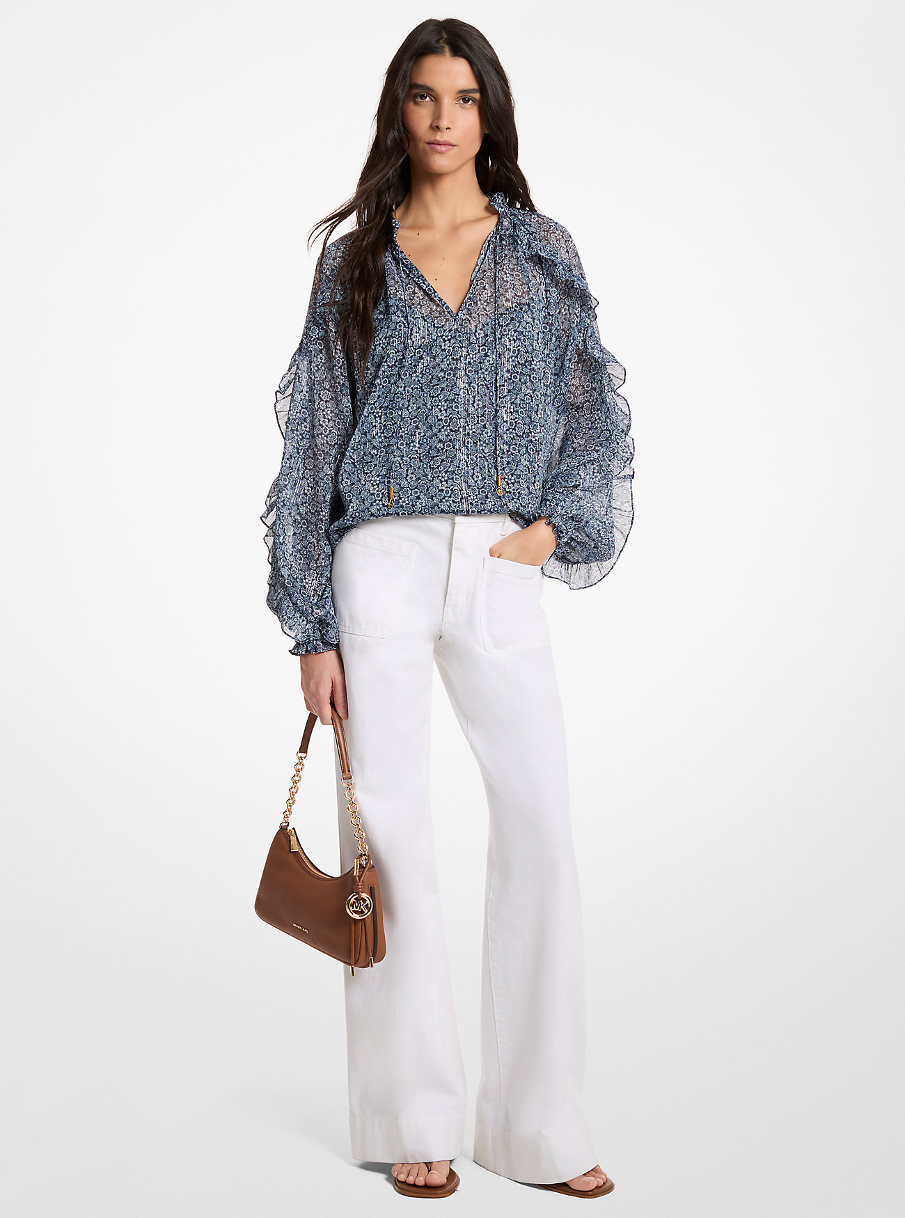 MK Ruffled Metallic Floral Georgette Blouse -