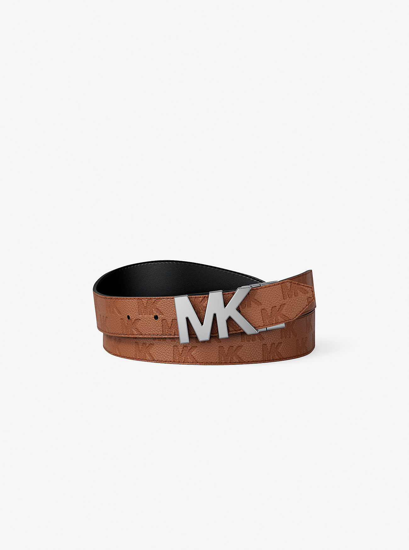 MK Reversible Logo Embossed Leather Buckle Belt - Brown