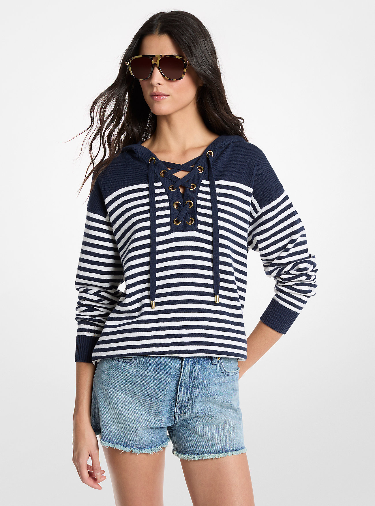 MK Striped Wool Lace-Up Hoodie - by MICHAEL Michael Kors