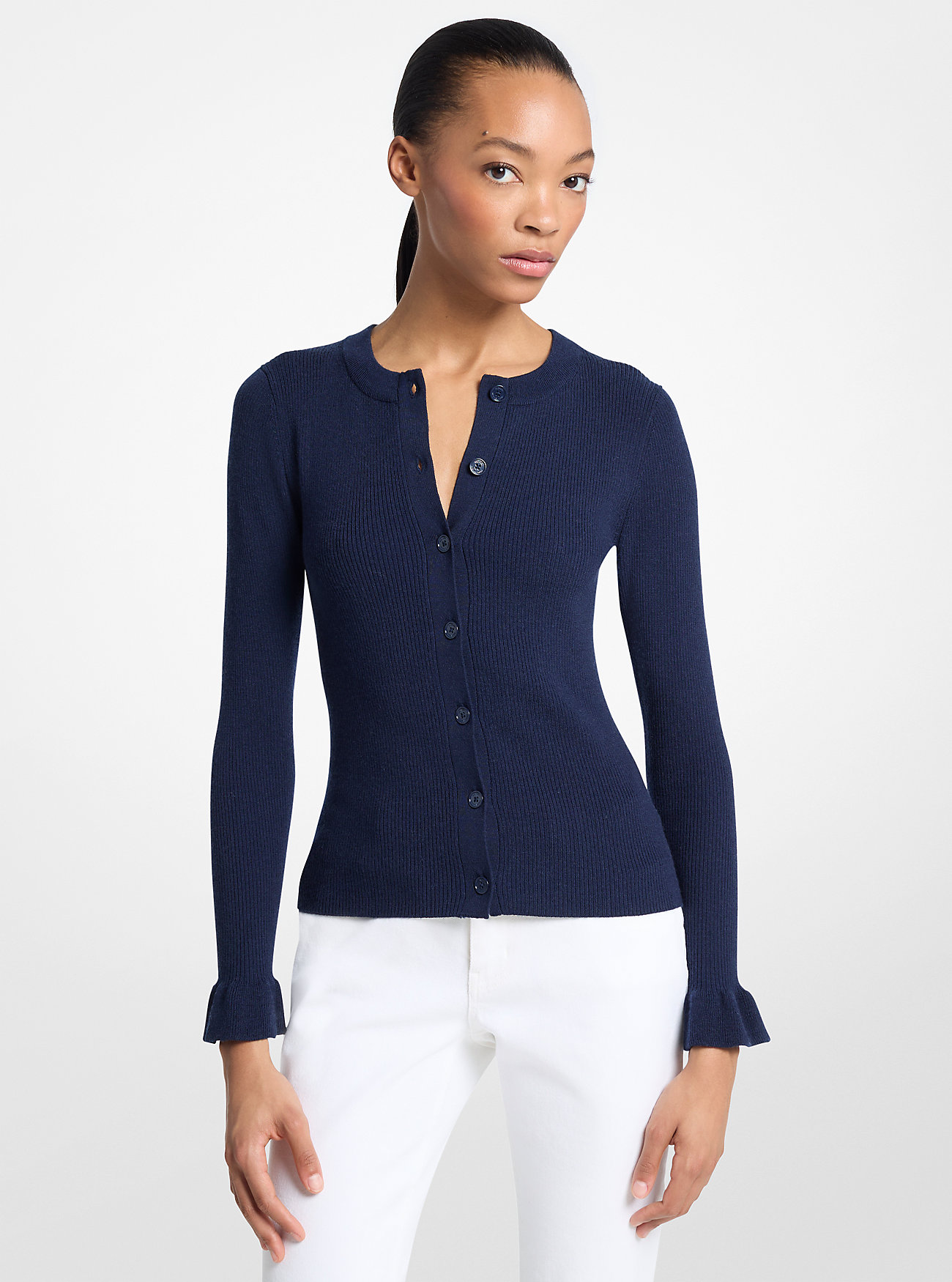 MK Ribbed Wool Blend Ruffle-Cuff Cardigan - by MICHAEL Michael Kors