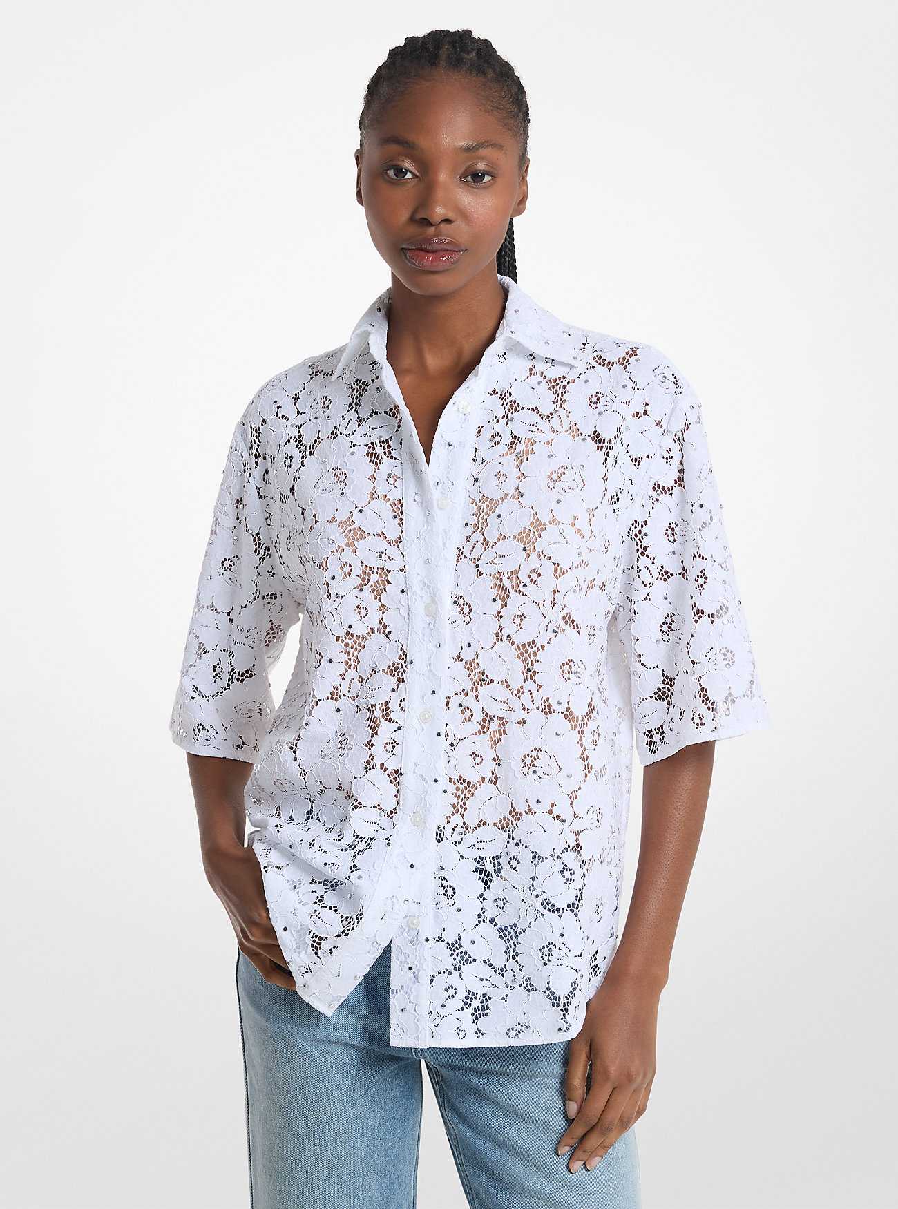 MK Studded Corded Floral Lace Shirt -
