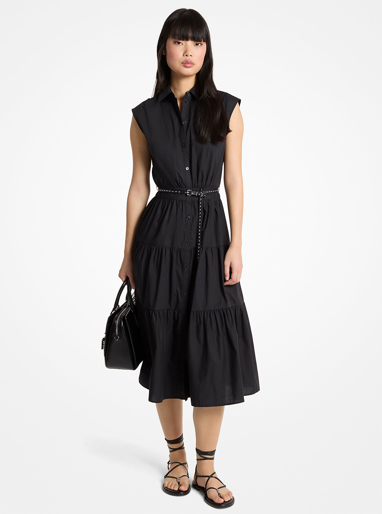 MK Belted Cotton Poplin Sleeveless Shirtdress -