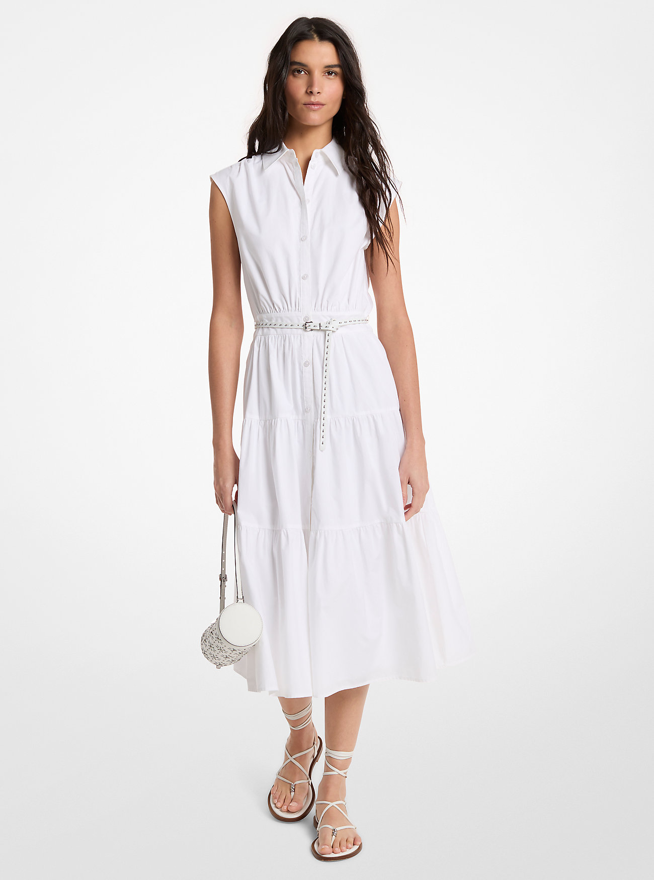MK Belted Cotton Poplin Sleeveless Shirtdress -