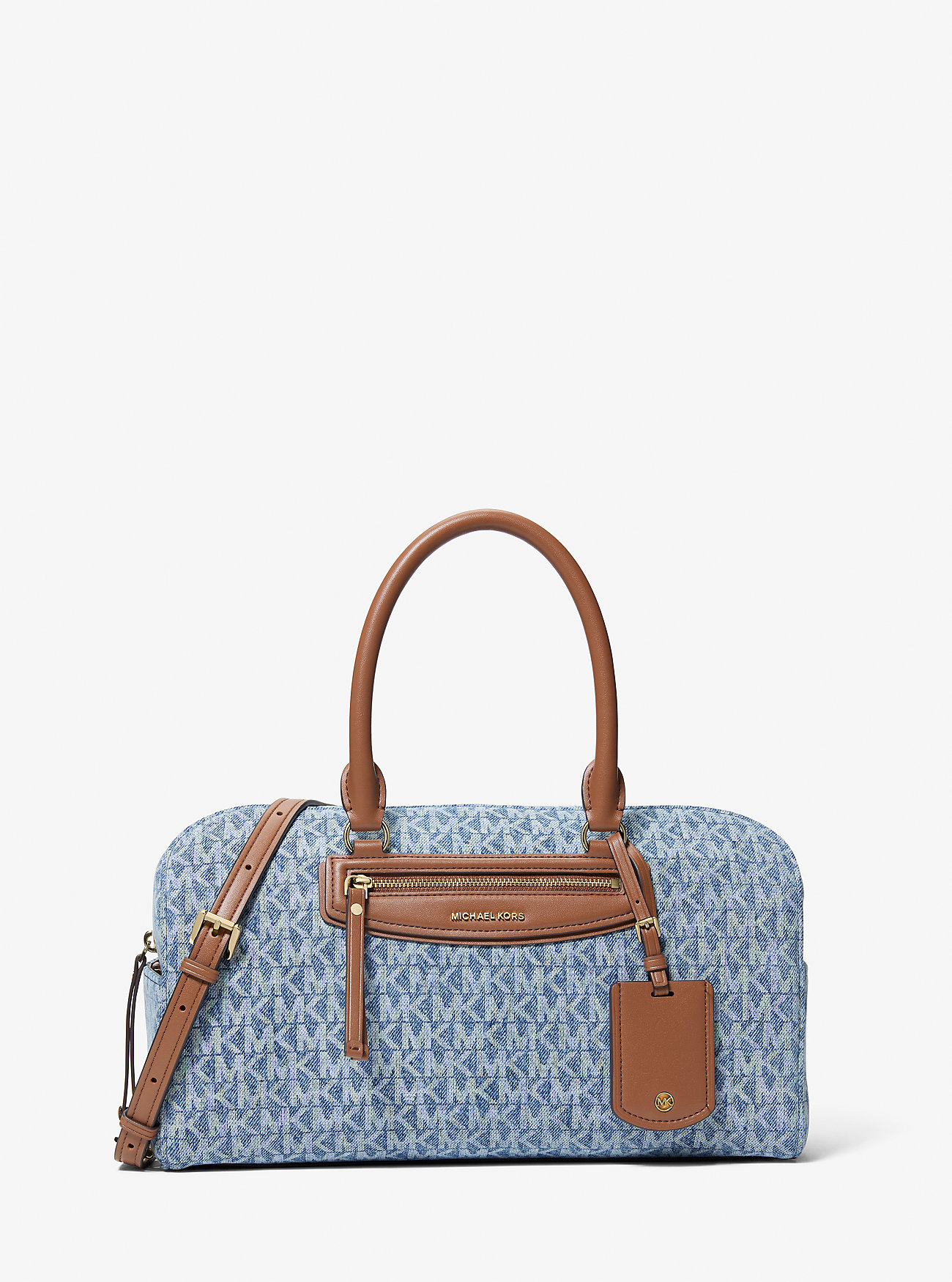 MK Jet Set Travel Medium Signature Logo Print Denim Duffel Crossbody Bag - Blue