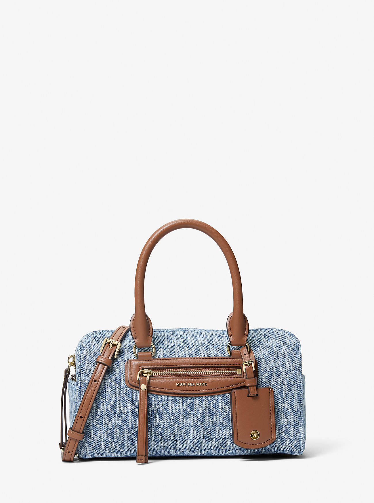 MK Jet Set Travel Extra-Small Signature Logo Print Denim Duffel Crossbody Bag - Blue