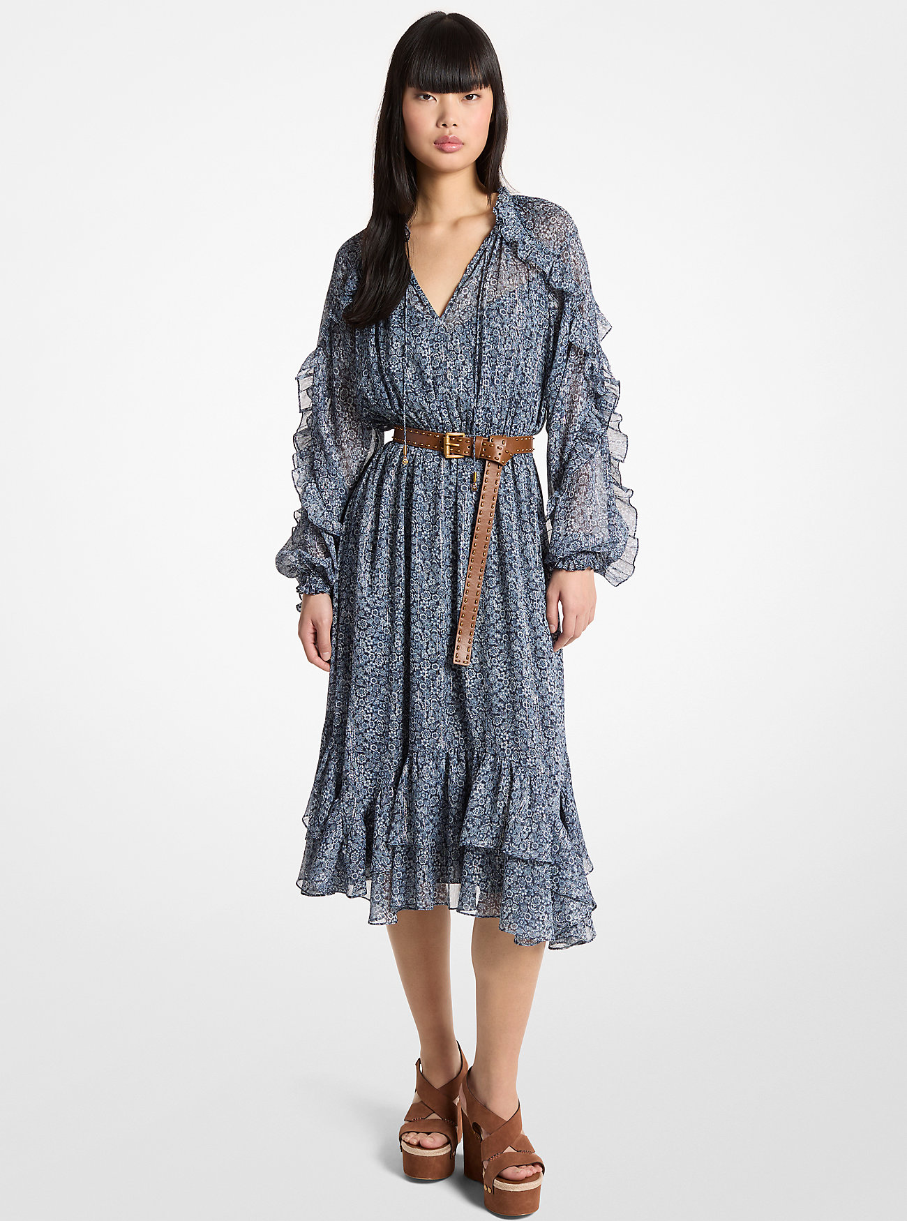 MK Ruffled Metallic Floral Print Georgette Belted Midi Dress -