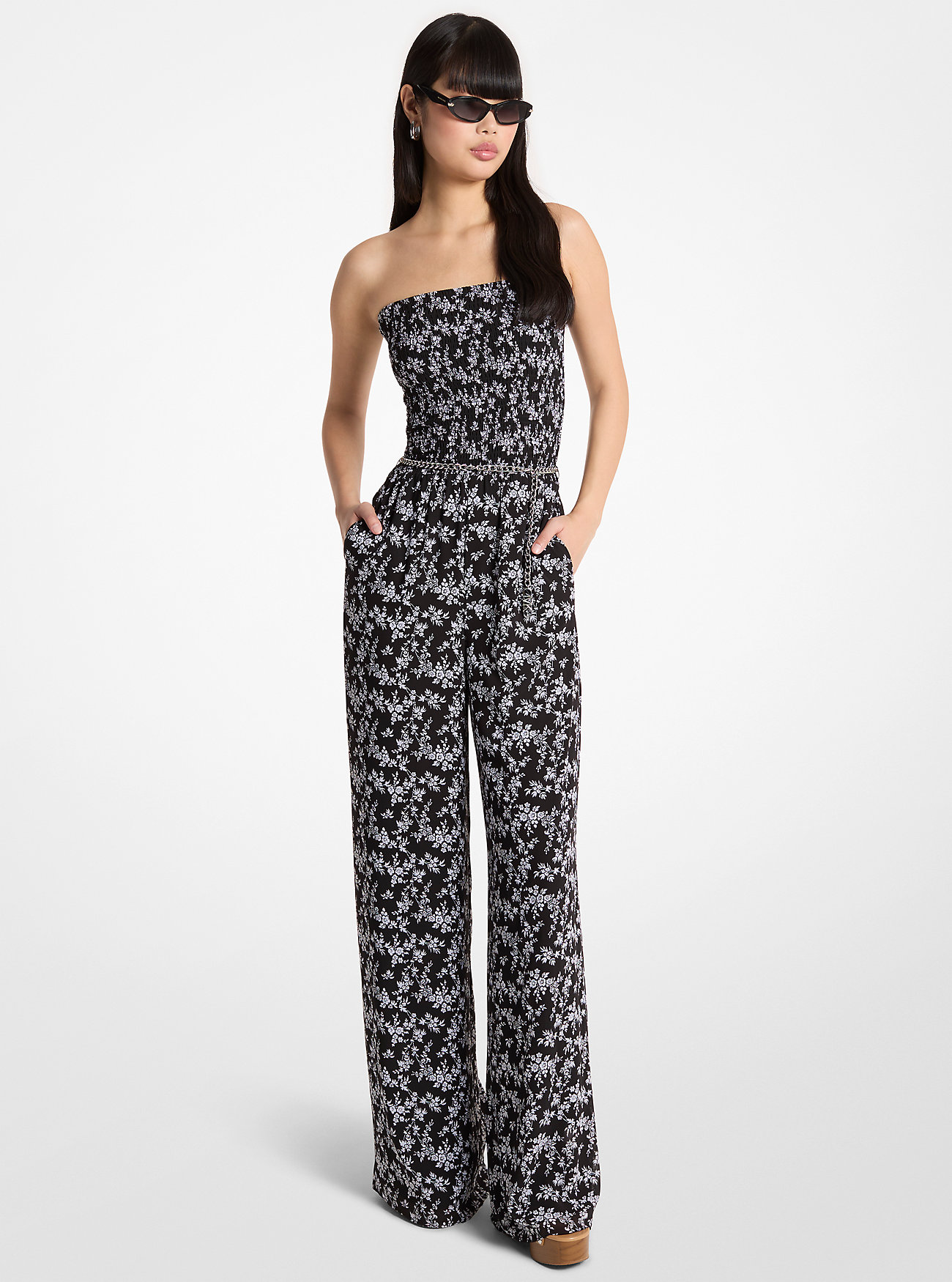MK Floral Print Smocked Georgette Belted Jumpsuit -