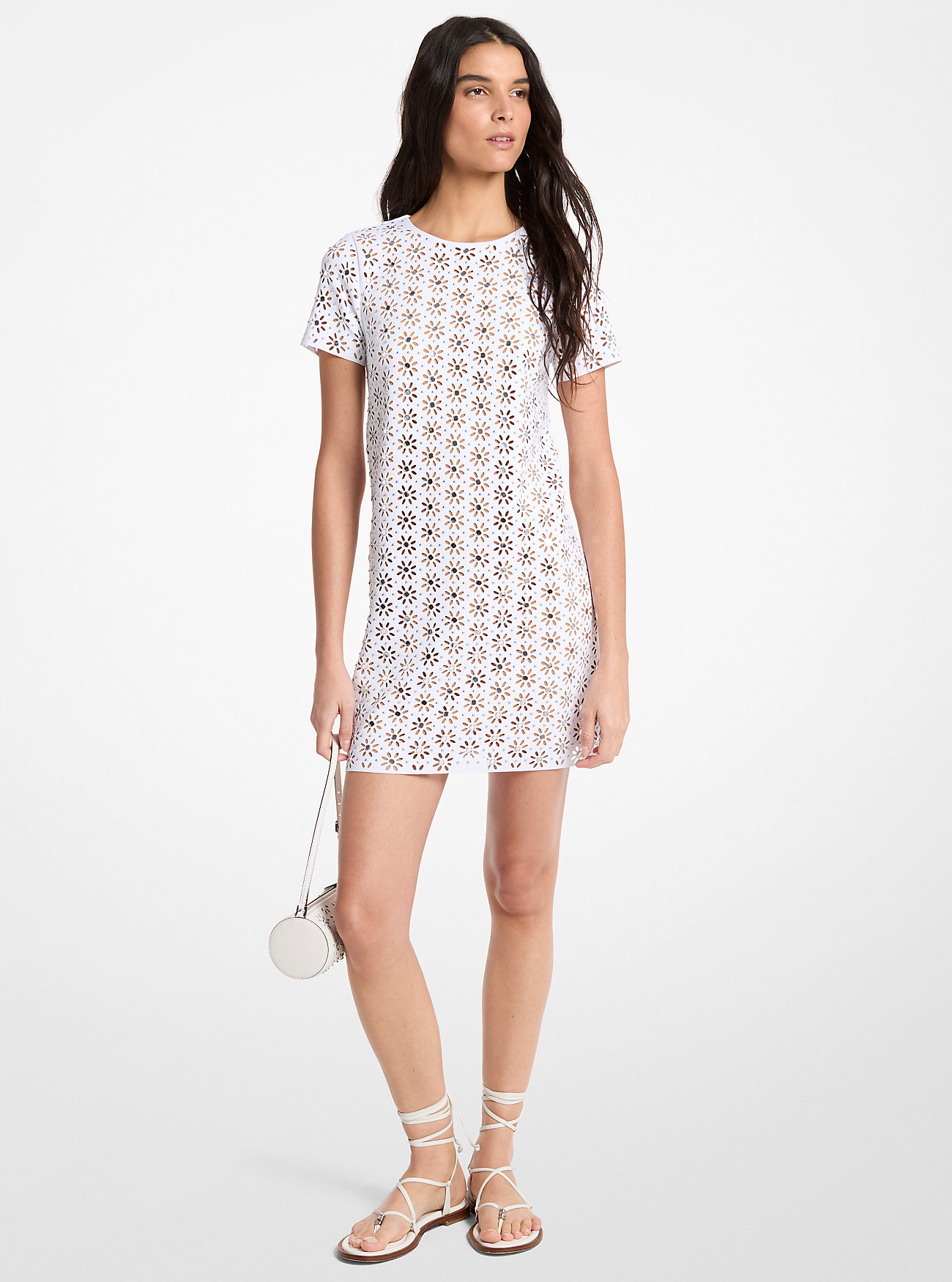 MK Mirror-Embellished Floral Laser-Cut Scuba Dress -