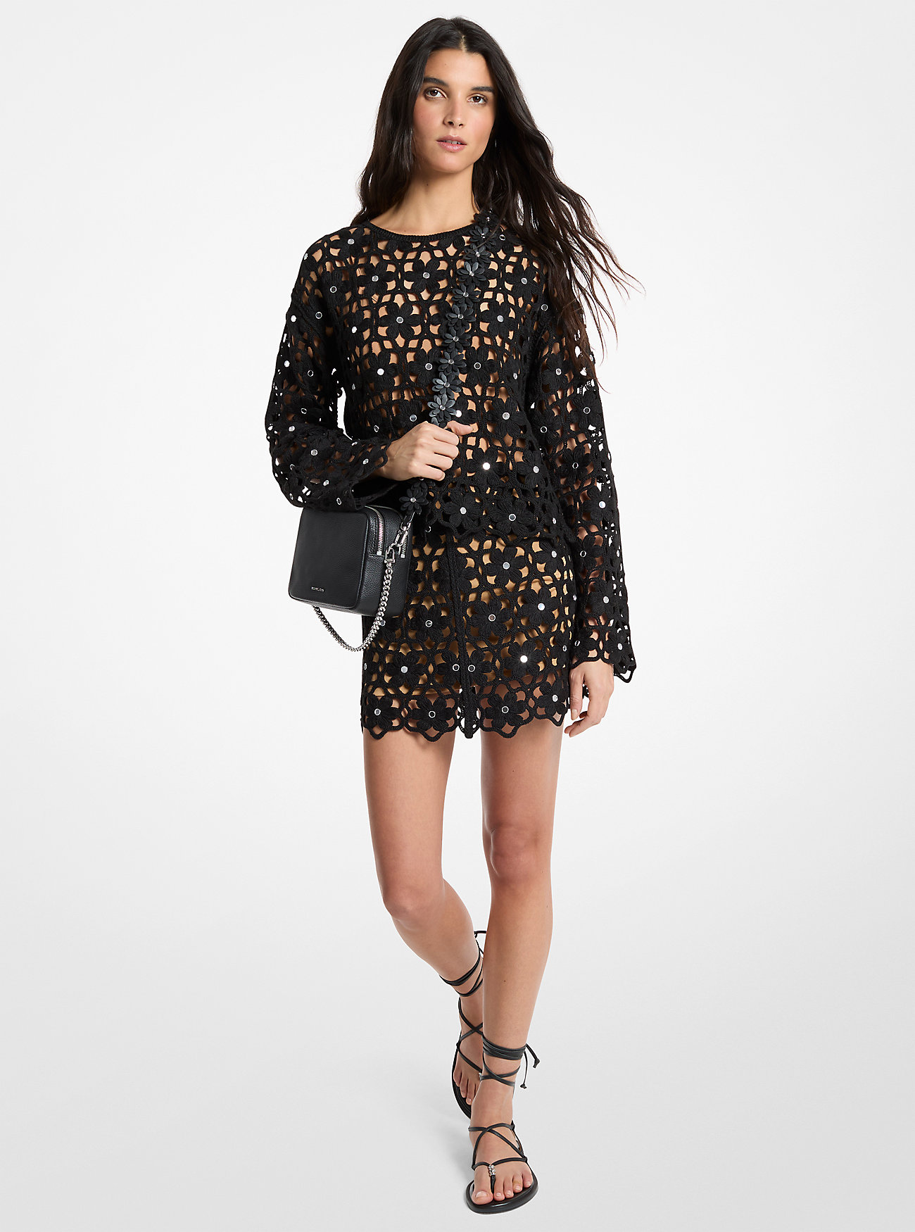MK Mirror-Embellished Floral Crochet Skirt - by MICHAEL Michael Kors