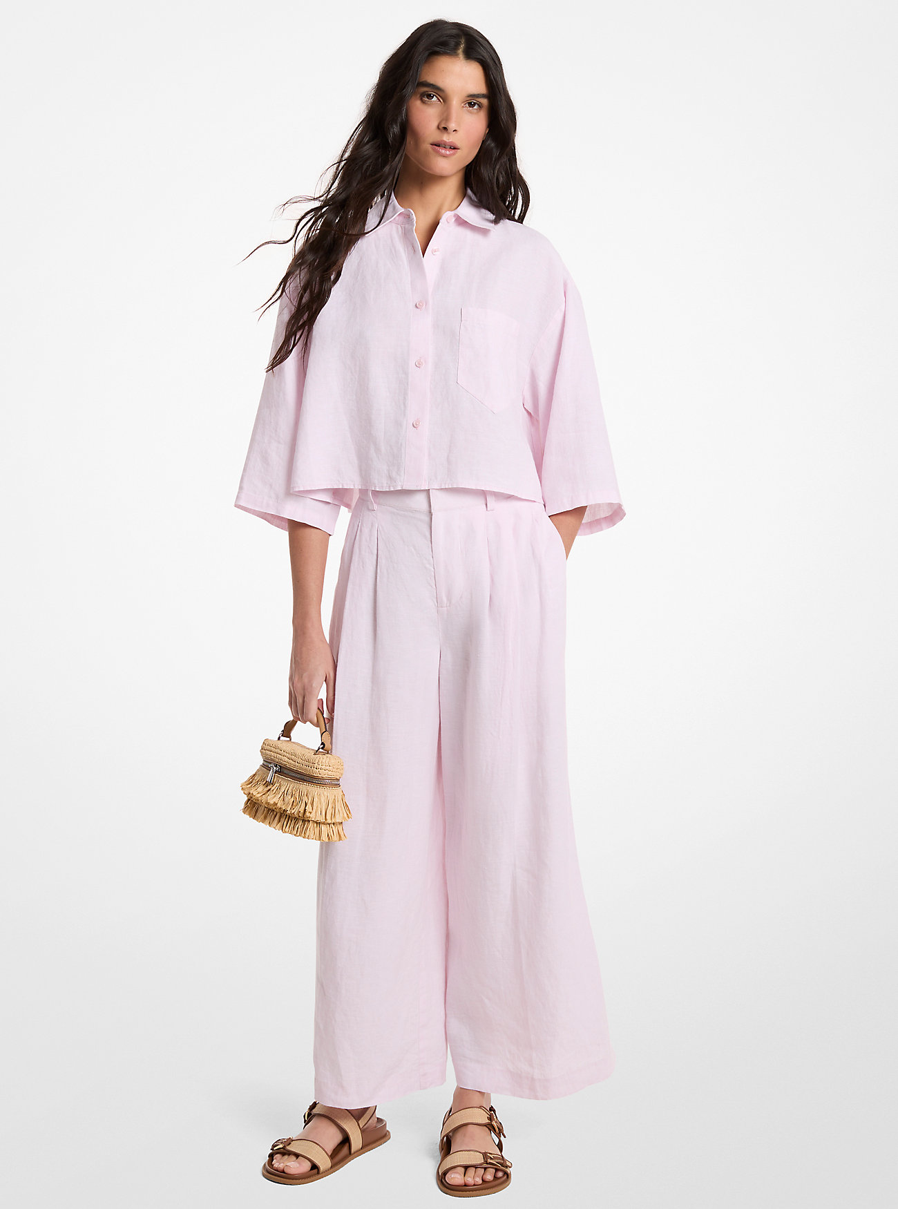 MK Pleated Linen Wide Leg Trousers - Pink