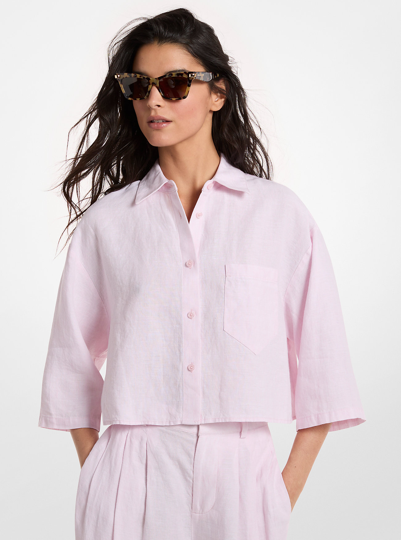 MK Linen Cropped Shirt - Pink