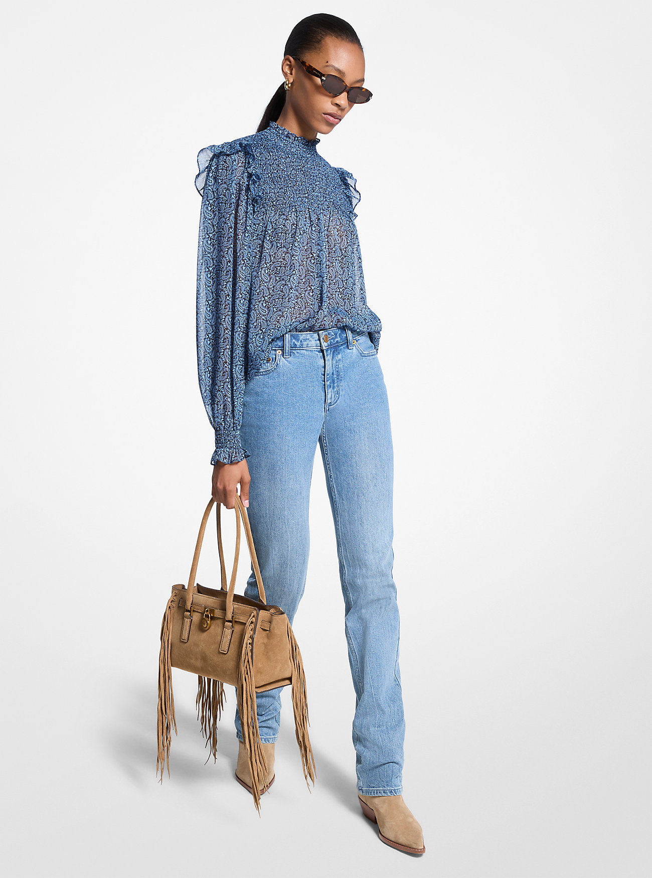 MK Metallic Paisley Print Smocked Georgette Blouse -