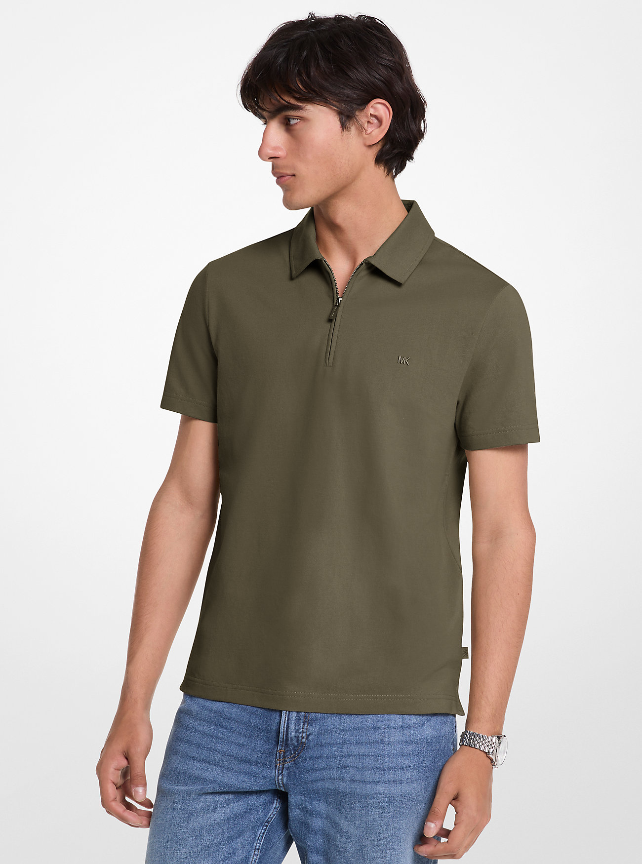 MK Cotton Blend Piqué Zip-Up Polo Shirt -