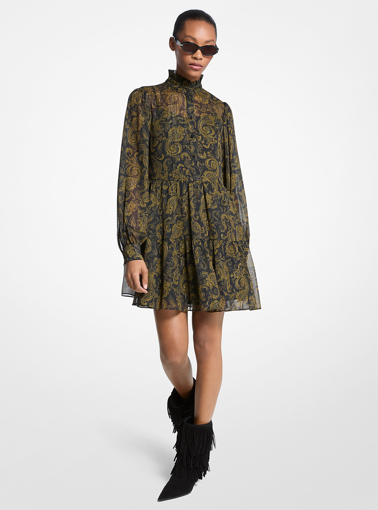 MK Metallic Paisley Print Georgette Mini Dress -