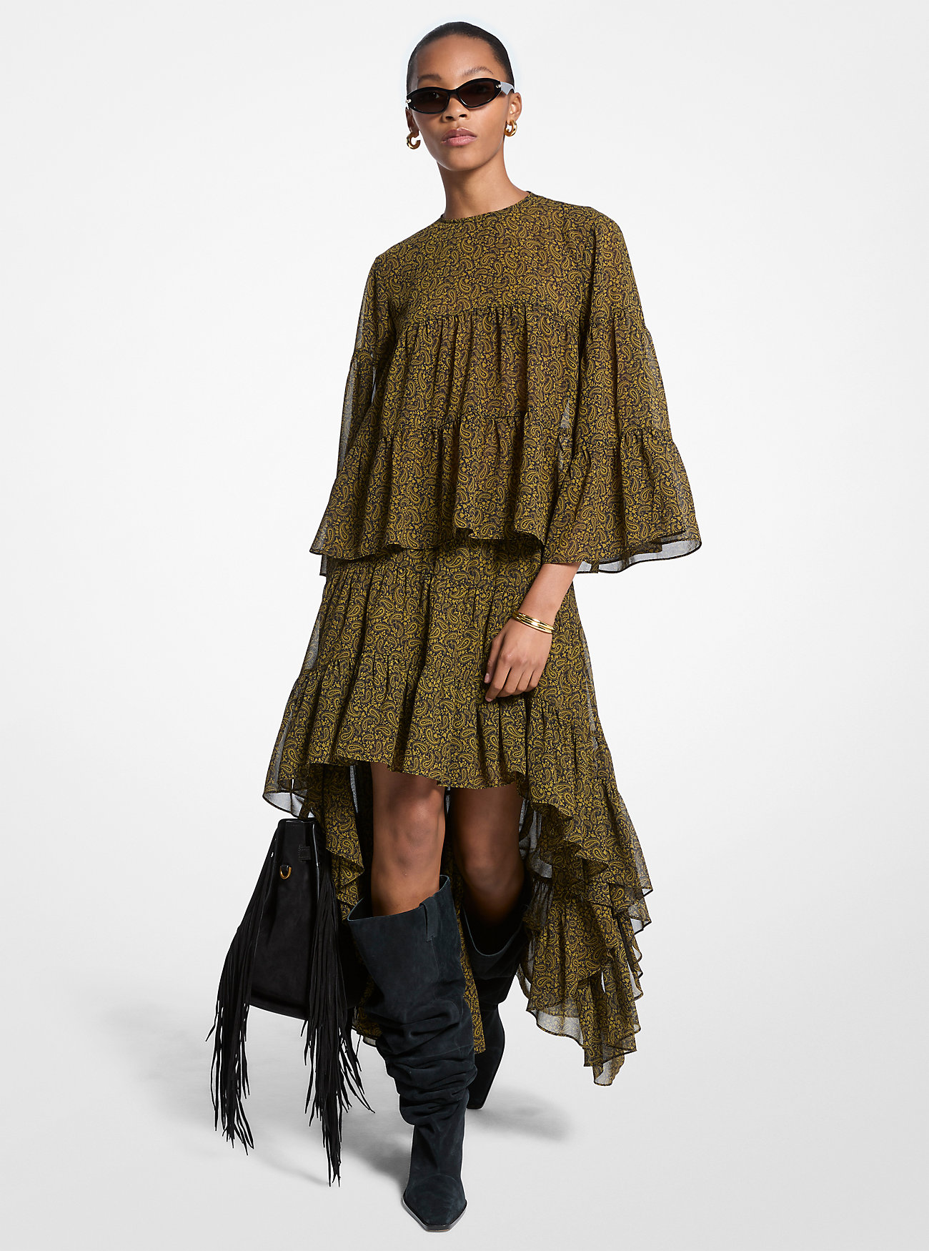 MK Paisley Print Georgette High-Low Tiered Skirt -