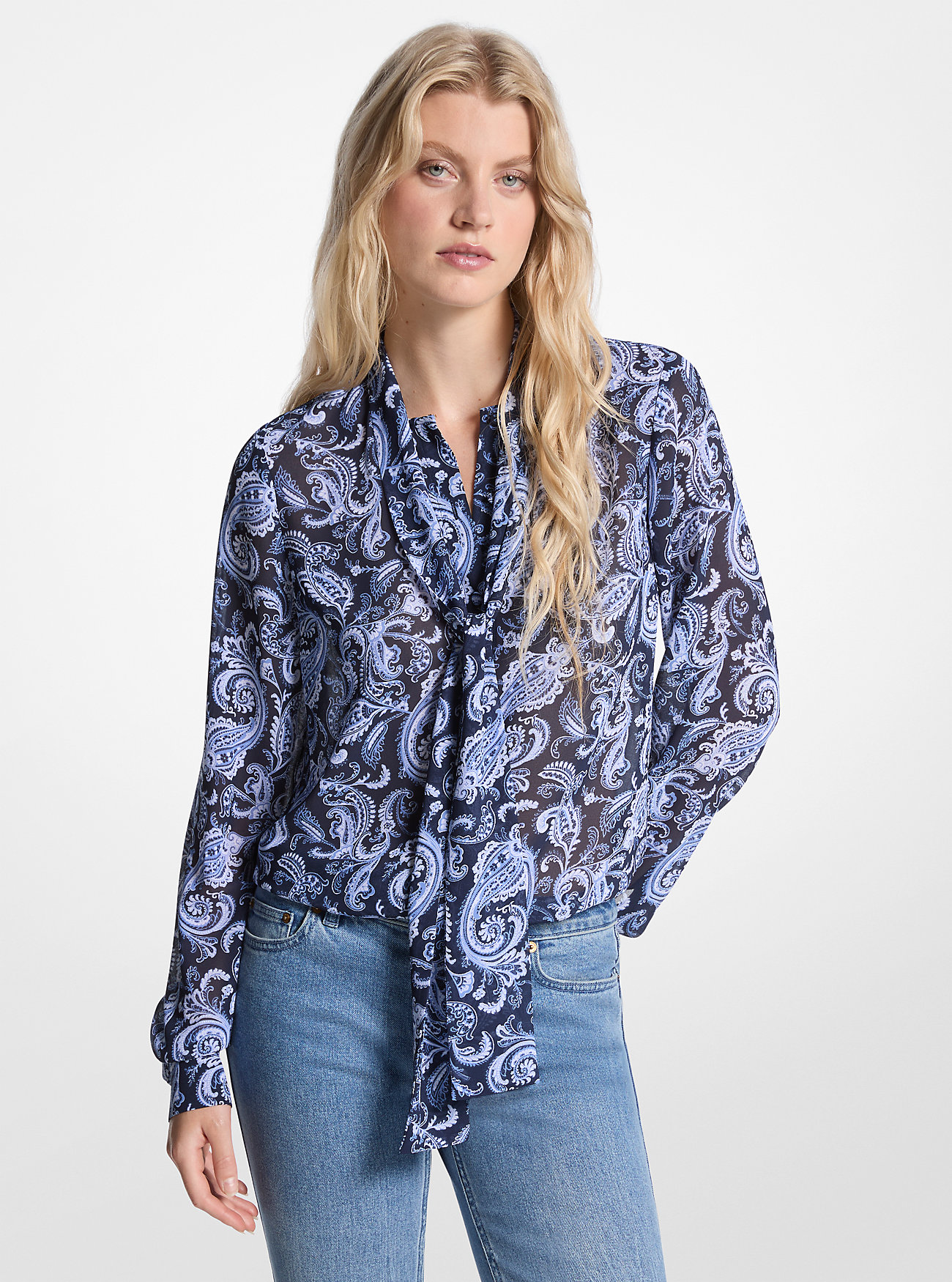 MK Paisley Print Georgette Tie-Neck Blouse -