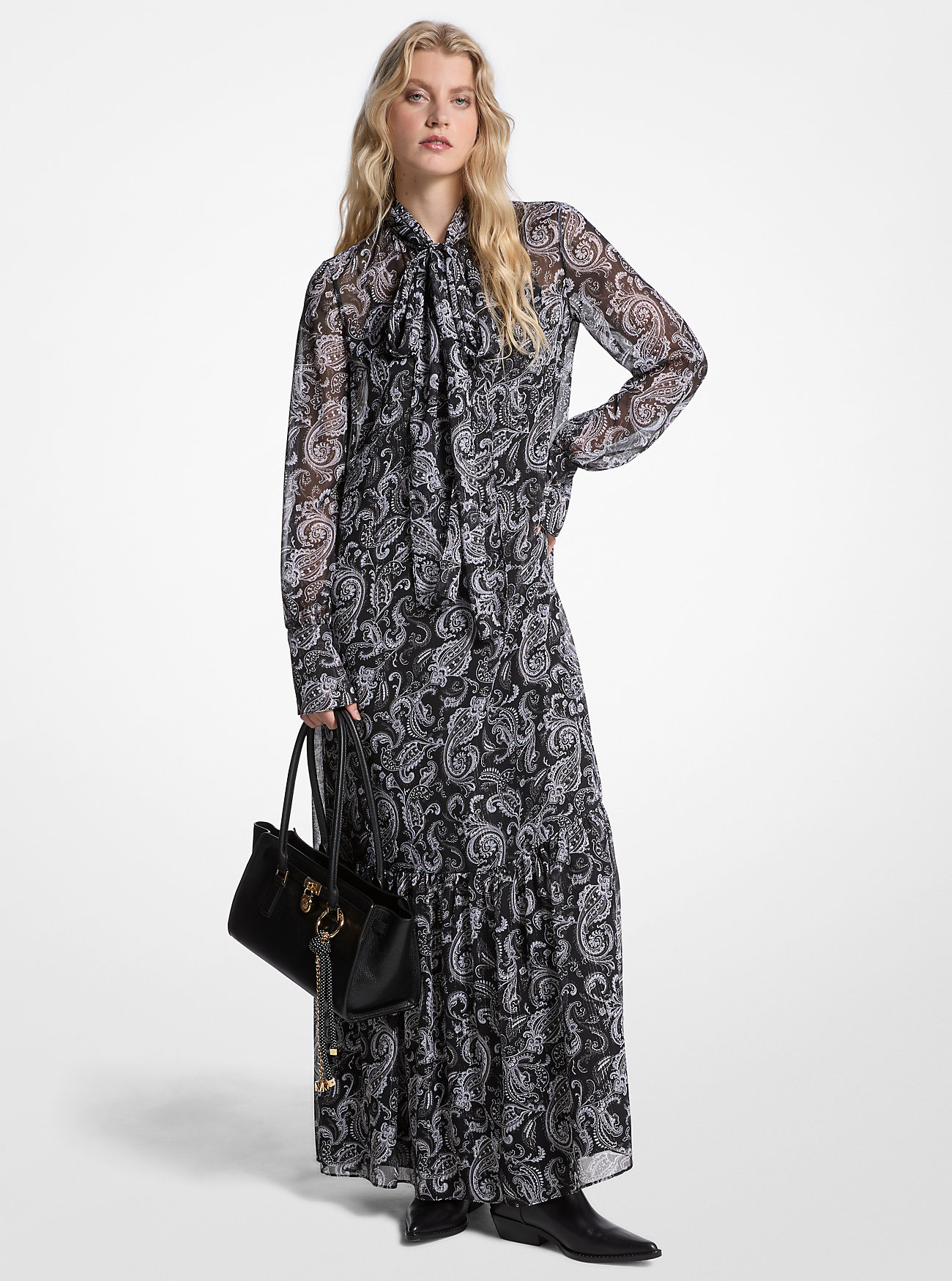 MK Metallic Paisley Print Georgette Tie-Neck Dress - by MICHAEL Michael Kors