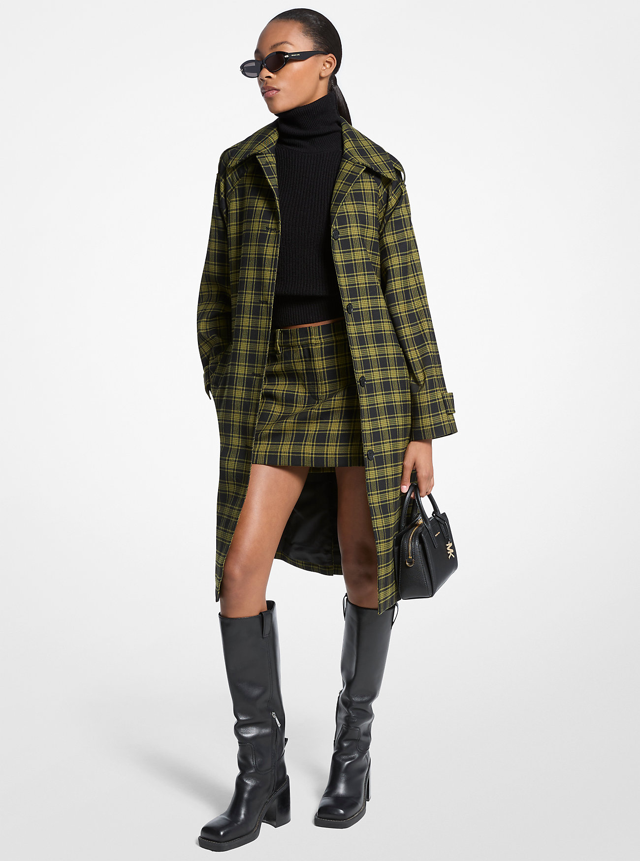 MK Plaid Stretch Wool Belted Balmacaan Coat -