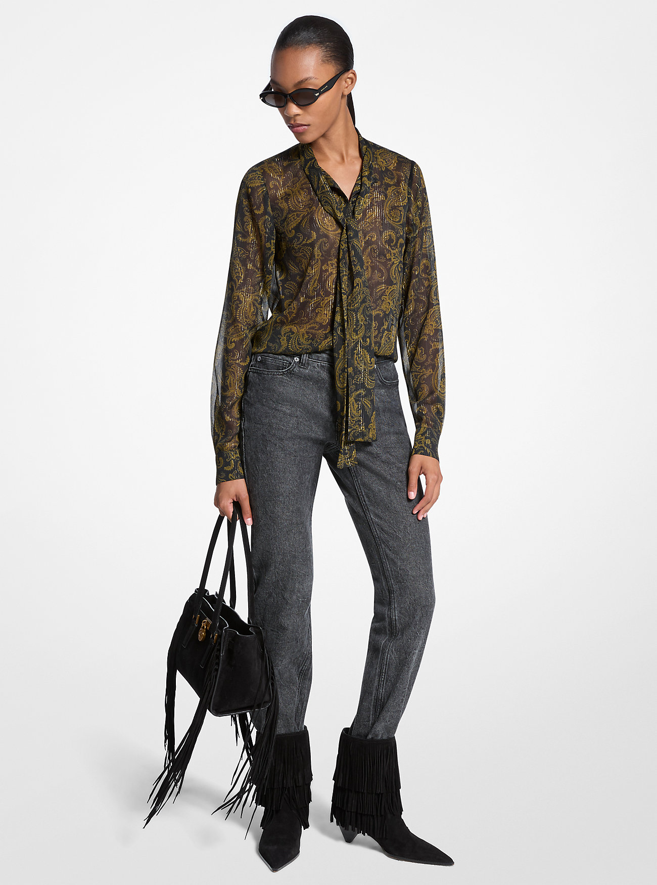 MK Metallic Paisley Print Tie-Front Georgette Blouse -