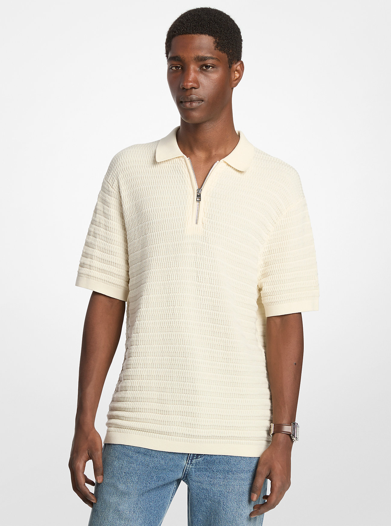 MK Textured Cotton Zip-Up Polo Shirt -