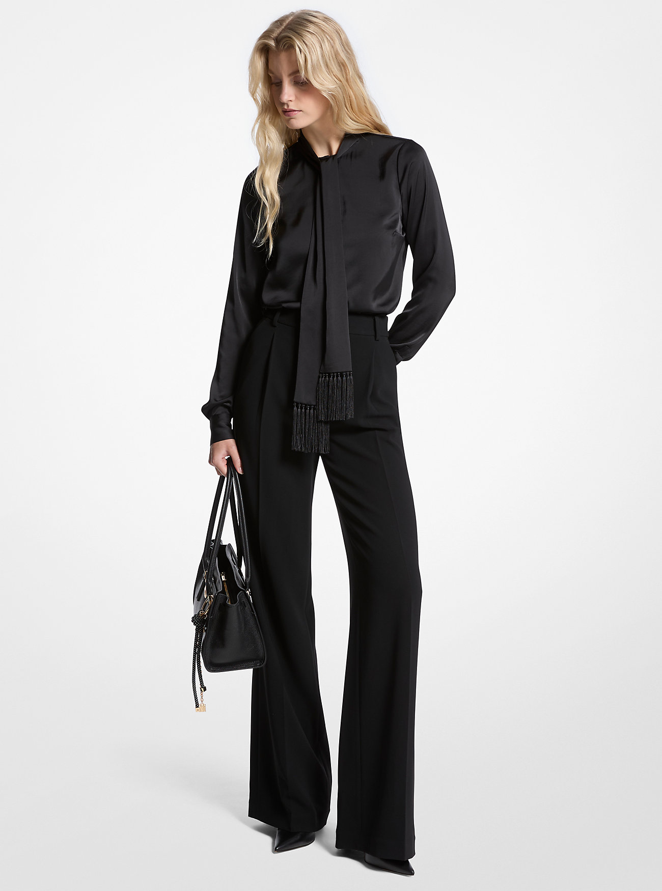 MK Satin Fringed Tie-Neck Blouse -