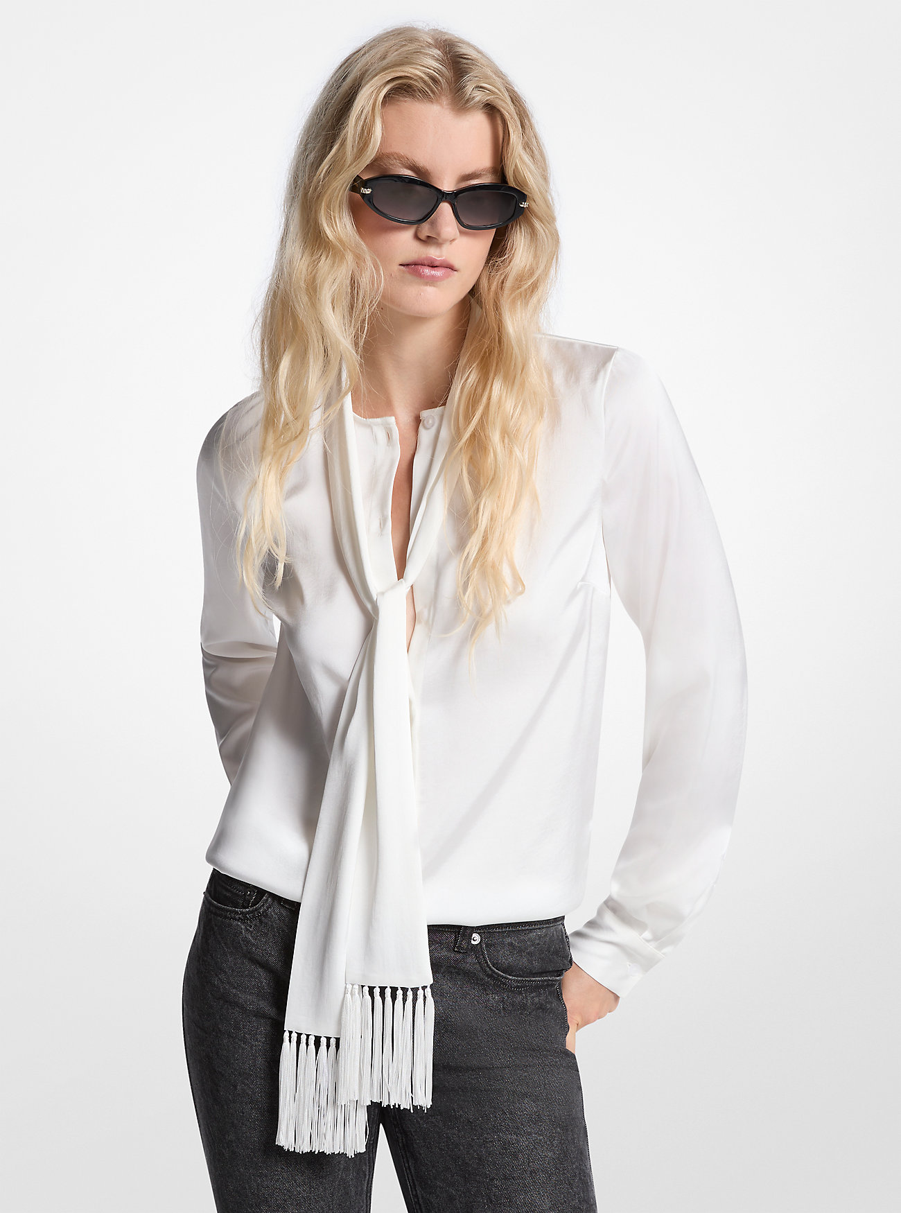 MK Satin Fringed Tie-Neck Blouse -