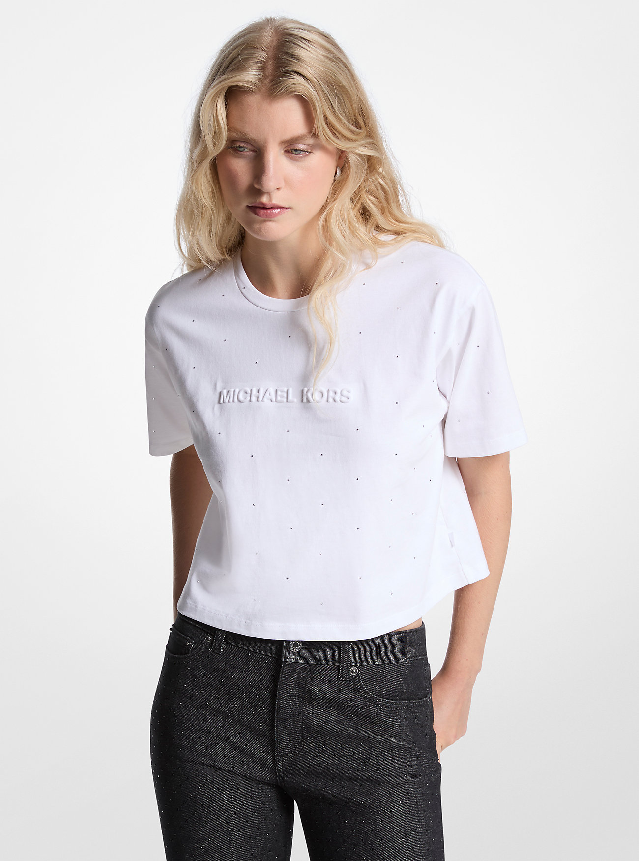 MK Logo Studded Cotton Jersey T-Shirt -