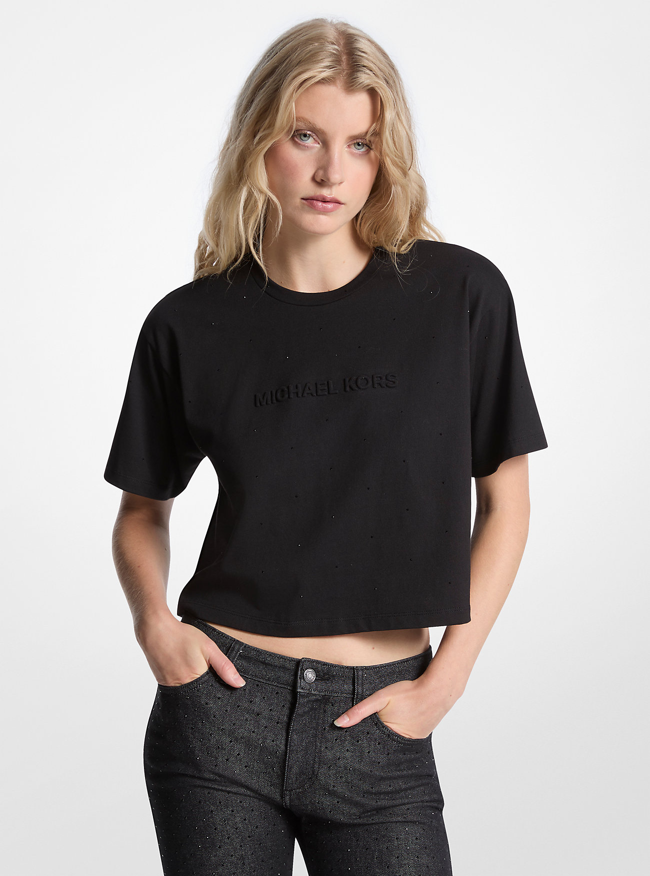 MK Logo Studded Cotton Jersey T-Shirt -